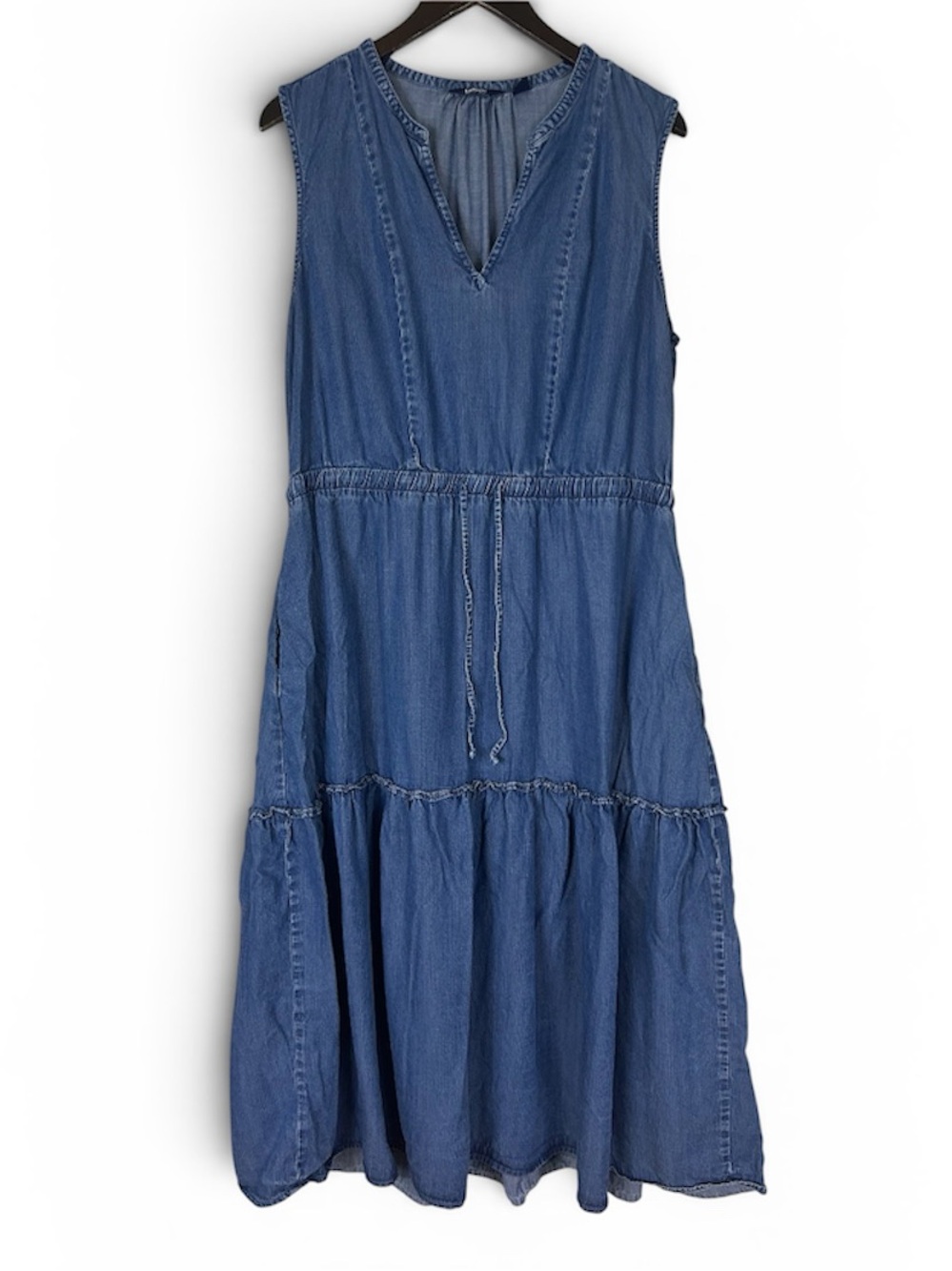 Lands’ End Sleeveless Blue Denim Tiered Midi Dress